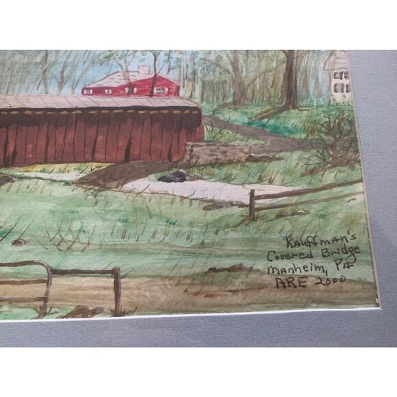 Watercolor Kauffman Covered Bridge Framed Picture Signed by Anna Ruth Enders 200 - Picture 3 of 7